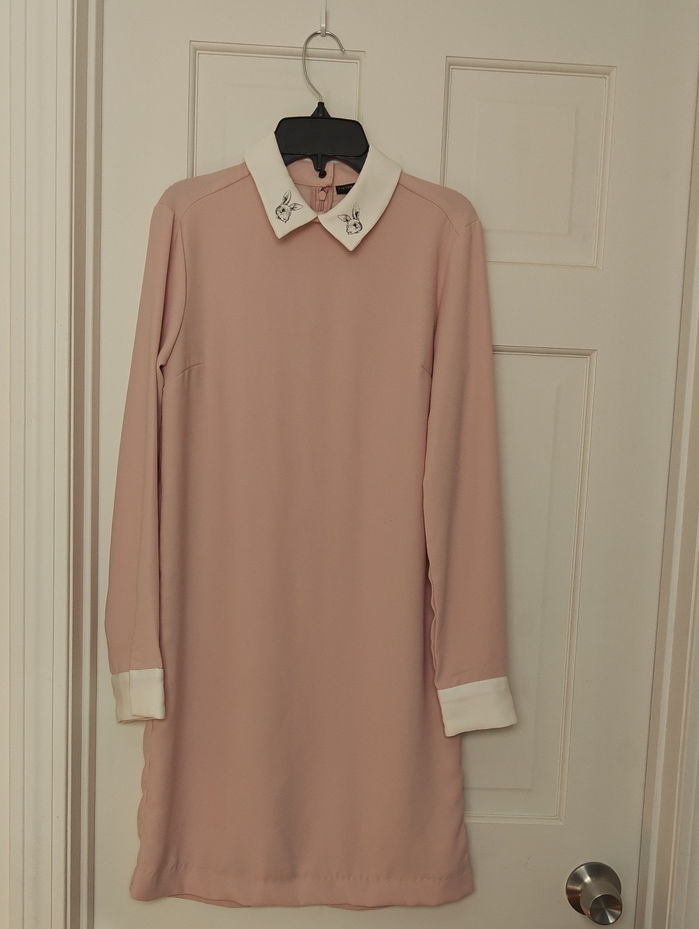 Victoria Beckham Blush Pink Long-Sleeve Shift Dress with White Collar Size XS